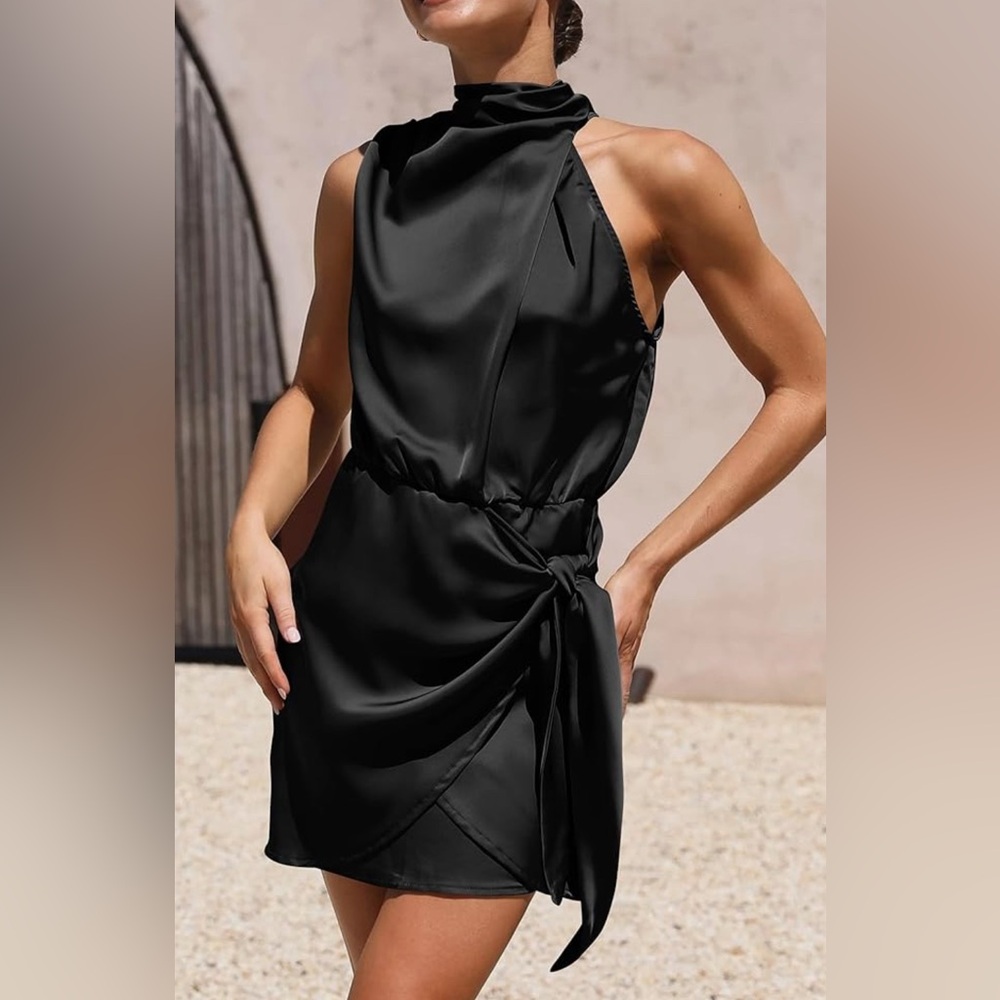 Elegant Black Sleeveless Mock Neck Satin/Silk Cocktail Dress
